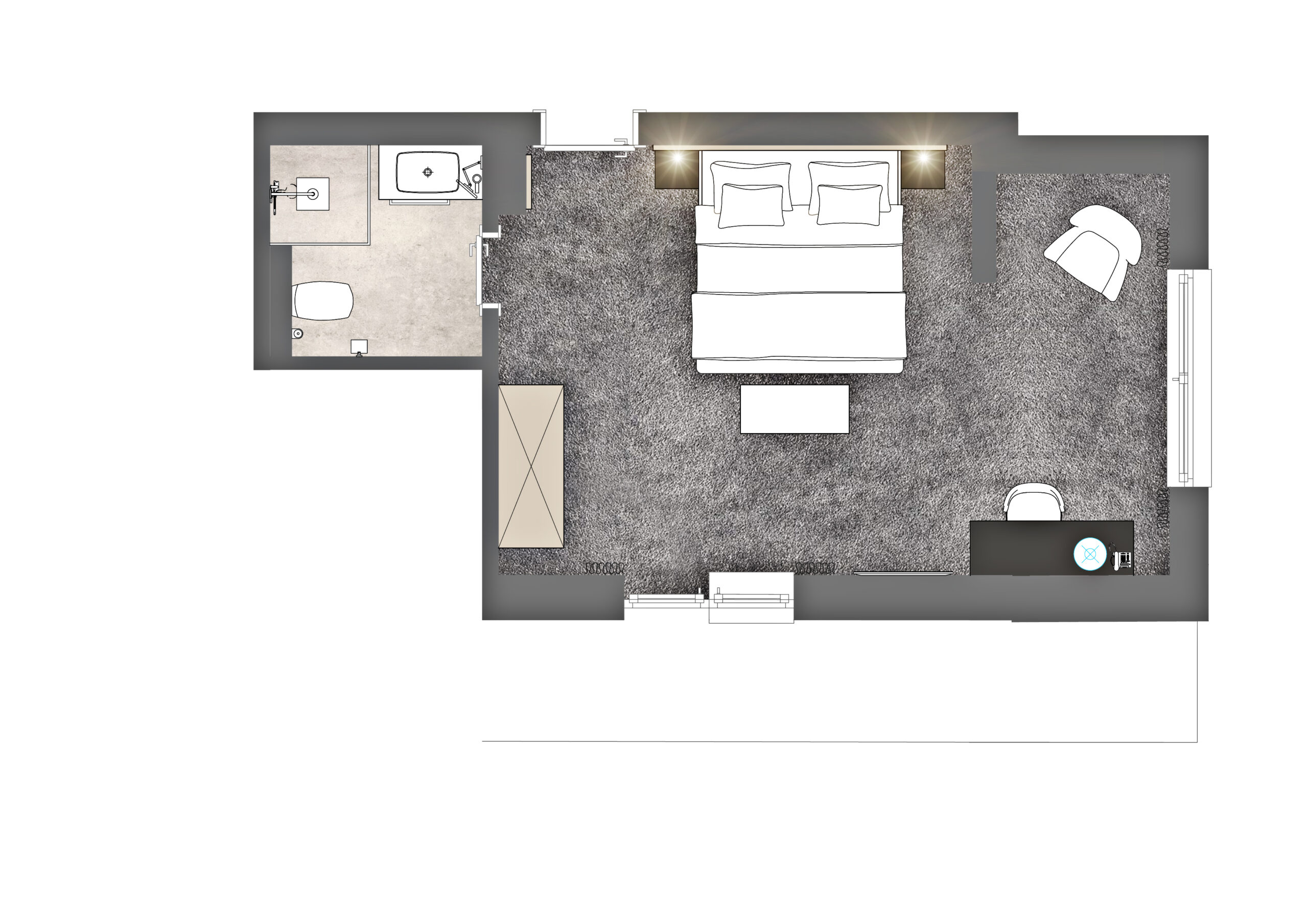 Kaunertal Doppelzimmer Grundriss mit Doppelbett, Schreibtisch, Stuhl und angrenzendem Bad.