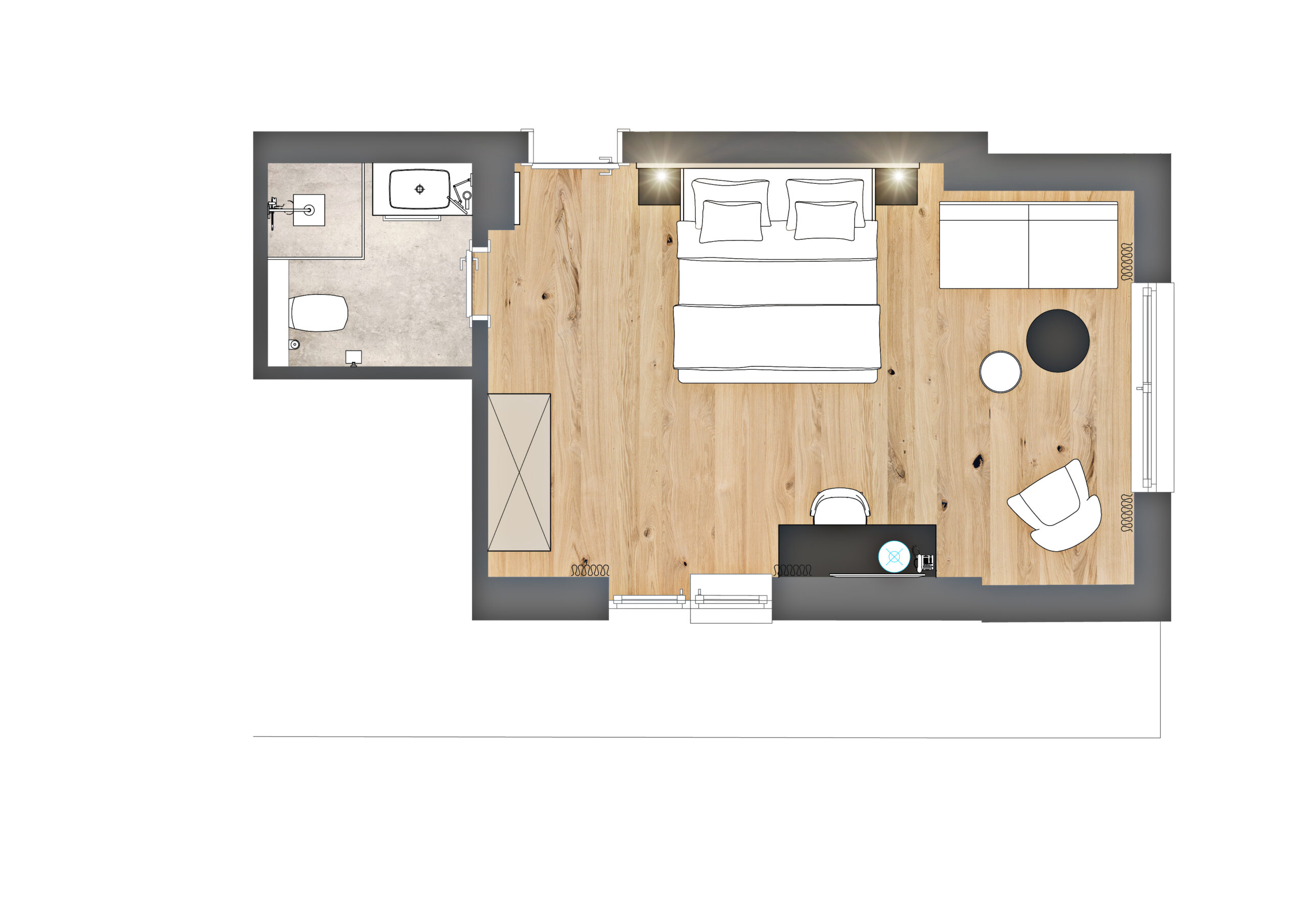 Grundriss eines Kaunertal Doppelzimmer mit Doppelbett, Schreibtisch, Sofa und angeschlossenem Bad.