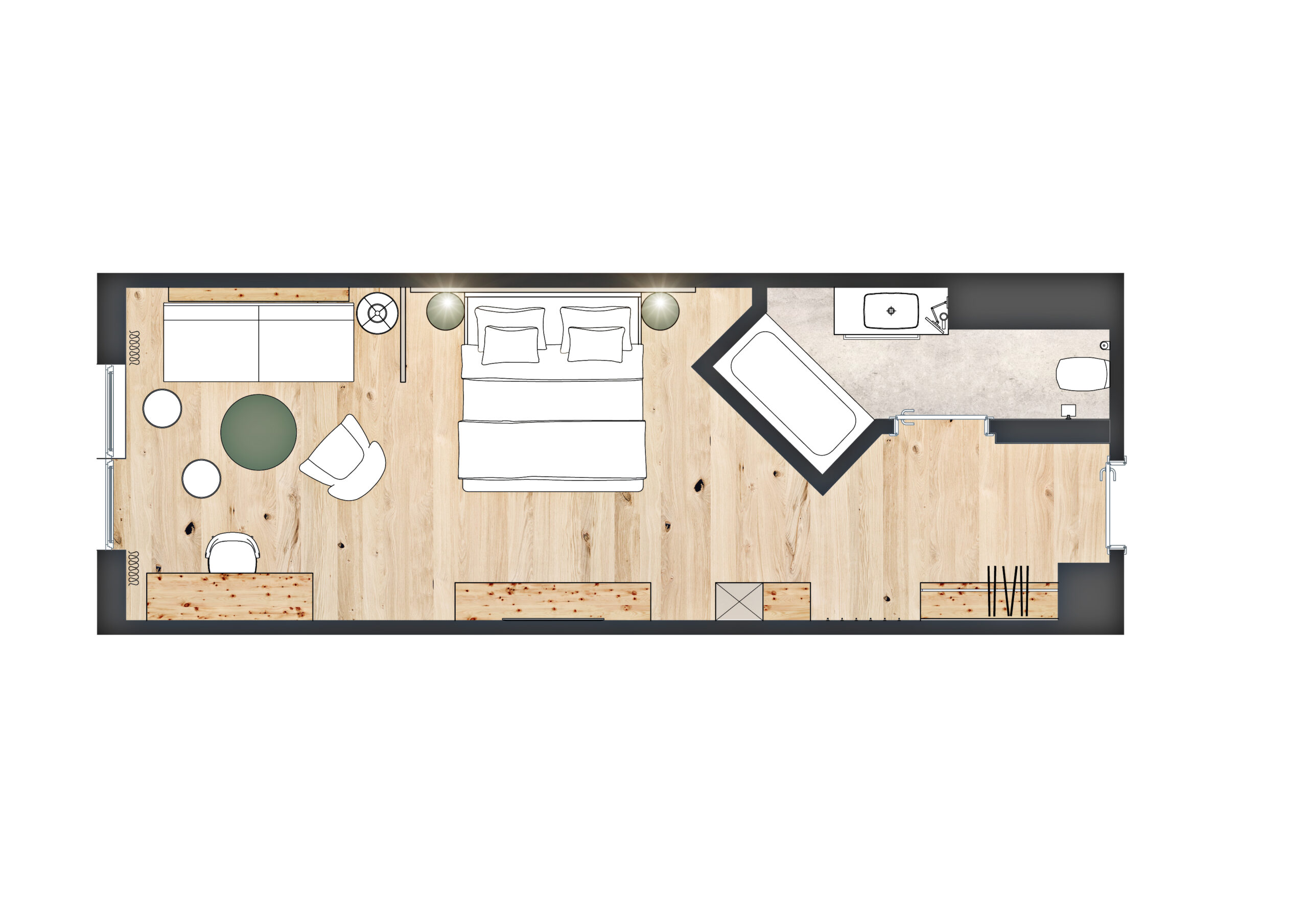Kaunertal Doppelzimmer Grundriss mit Bett, Sitzecke und Bad mit Wanne.